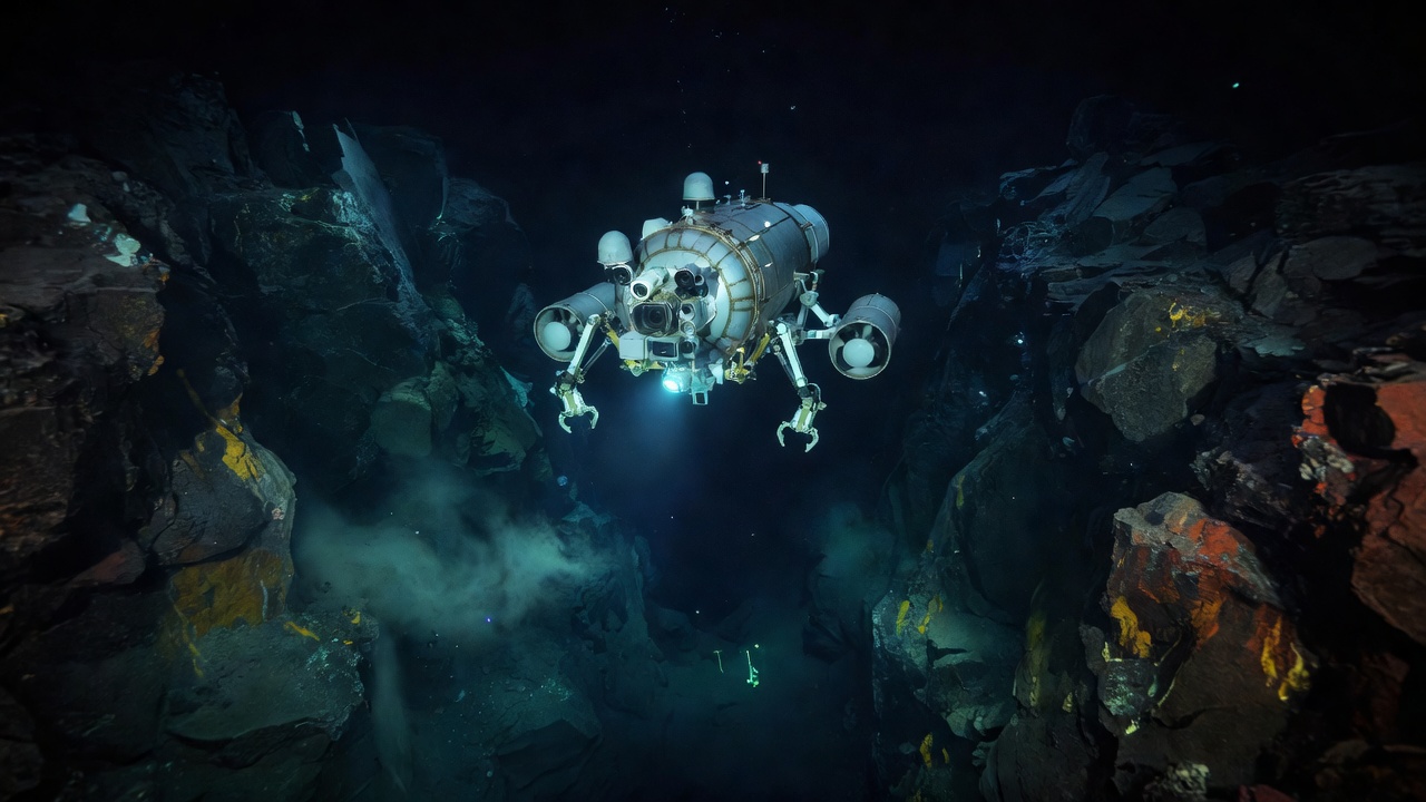 Autonomous deep-sea research drone emitting cyan spotlight into underwater trench